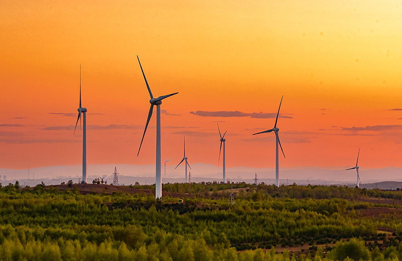 2023年5月23日清晨拍攝的內(nèi)蒙古興安盟烏蘭浩特市呼和馬場(chǎng)風(fēng)力光伏發(fā)電場(chǎng)內(nèi)的風(fēng)機(jī)。